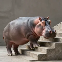 a hippo climbing stairs, realistic, octane render