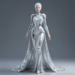 full body detailed, ethereal chrome dress, biomechanical, covered in diamonds and other gems glowing, highly detailed face, elegant posed, intricate, extremy detailed, beeple, cgsociety, 3 d unreal engine octane render. cinematic lighting, highly detailed 4 k art