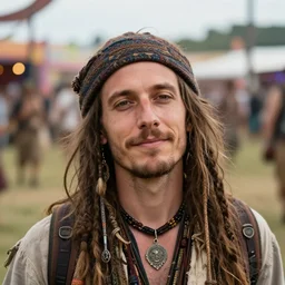 calm friendly face of a hippy relaxing at a festival