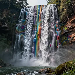 waterfall with intricate patterns an colourful streams falling down drawn by james jean