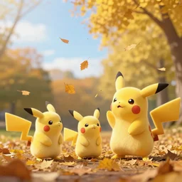 photo of real life pokemons, trying to catch falling leafs, cute!!!, content!!!, mischievous!!!, adorable!!!, fluffy!!!, ultra realistic!!!, ( golden hour ), autumn!!, clear weather, sharp focus, tiny amount of chromatic aberration