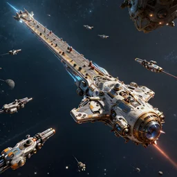 sidescrolling shooter spaceship with lots of tiny guns, outer space, hyperrealism, fine detail, 8 k, 3 d render by mandy jurgens, artgerm, and lu ji, artstation contest winner, cgsociety, cryengine, concept art, zbrush, vray, by robert mccall and michael whelan