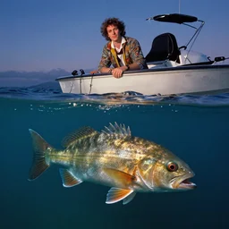 style of charlie bowater, split shot, split water shot, underwater fishy seacreature lurking, above water man on boat, evening stars