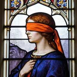 gothic stained glass window, beautiful detailed side - view portrait of philippa eilhart, a blindfolded woman, hidden eyes, orange blindfold, pigtails, masterful, backlit