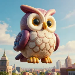 patel coloured, elaborate, giant, massive, detailed, 3 d blowup balloon owl with eyes and mouth, twisting geometry, floating in a 3 d painted sky, cinematic, 3 d designed city, 4 k by'eva cremers'and'lesley barnes'and'jordan coelho'and wes anderson