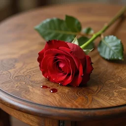 a single red rose is on a wooden table with subtle carved filigree and drops of blood, close up view, dramatic lighting, DOF, soft, sharp focus, art nouveau, intricate concept artwork by Raymond Swanland and Greg Rutkowski and Sebastian Luca