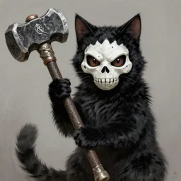 black cat with white skull mask makeup holding a giant hammer, d & d, fantasy, highly detailed, digital painting, trending on artstation, concept art, sharp focus, illustration, global illumination, shaded, art by artgerm and greg rutkowski and fuji choko and viktoria gavrilenko and hoang lap