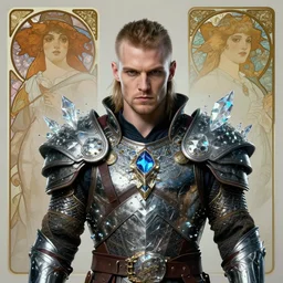 portrait of a young cyberpunk viking man wearing a warrior armor, fantasy, regal, fractal crystal, fractal gems, by stanley artgerm lau, greg rutkowski, thomas kindkade, alphonse mucha, loish, norman rockwell.