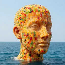 a realistic human head sculpture made out of tons of gummy bears on the surface of the ocean, giant sculpture, in the style of chad knight, long shot, hyper detailed, hyper realistic, ray tracing, 8 k resolution, sharp focus, realistic water, award winning