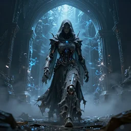 character and environment design, holy ( ( biomechanical ) ) arcanist walking through a magic portal to another world, tattered!!! robe and hood, blue light, fog, scary, arrogant, hostile, photorealistic, cinematic, hyper realistic, octane render, 8 k, wide angle