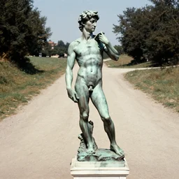 vintage color photography of a bronze sculpture by michelangelo in the middle of a dirt road, image by werner herzog