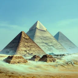 giza pyramids, fog, blue and green colors, fantasy art