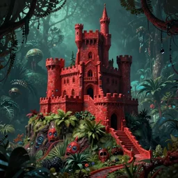 of a beautiful scary Hyperrealistic red toned stone castle on top of a hill in the middle of a dark and creepy jungle, macro lens, highly detailed, digital painting, trending artstation, concept art, illustration, cinematic lighting, vibrant colors, photorealism, epic, octane render