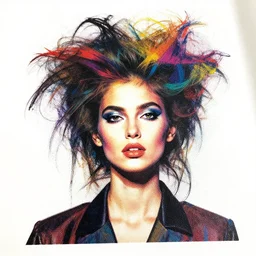 portrait of a post modern fashion model with an exuberant neo expresionist hair style, colorful, beautiful face, octane render, vray, detailed, wide angle, halftoned, editorial illustration, matte print, grainy light, ( ( dither ) ), risograph, high contrast, screen print, rich grainy texture