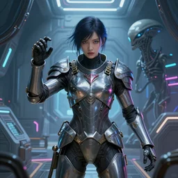 portrait armored astronaut girl, fighting with alien at inside spaceship, ssci-fi, neon light and fantasy, intricate and very very beautiful and elegant, highly detailed, digital painting, artstation, concept art, smooth and sharp focus, illustration, art by tian zi and WLOP and alphonse mucha
