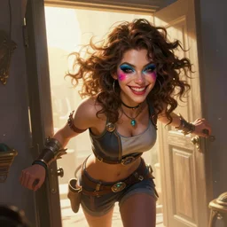 an epic fantasy comic book style portrait painting of a girl wearing colorful makeup with a mischievous smile and curly brown hair stepping out of a doorway with light shining behind her, unreal 5, daz, hyperrealistic, octane render, cosplay, rpg portrait, dynamic lighting