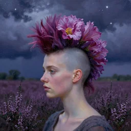 closeup, grande flower head mohawk, woman in heather field, surreal photography, starlight, storm clouds, impressionist painting, digital painting, artstation, simon stalenhag