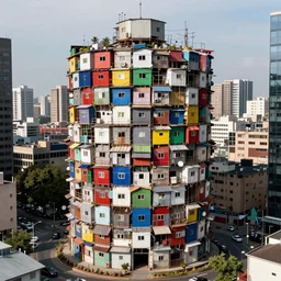 a circular tower, made up of colourful makeshift squatter shacks in city downtown, dystopia, sony a 7 r 3, f 1 1, fully frontal view, ultra detailed, photographed by hiroshi sugimoto and,