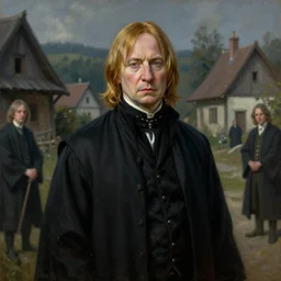 portait of a snape the wizard in a hungarian village, dressed in black. atmospherical, magical, natural lighting, dust, soft focus, oil canvas by munkacsi, greg rutkowsk, marc simonetti, hollosy simon and da vinci
