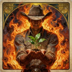 a beautiful dramatic epic ethereal symmetrical painting of a handsome cowboy cupping a green plant in his hands | he is dark skinned and wearing a cowboy hat | background is an epic flames fire conflagration | tarot card, art deco, art nouveau | by Mark Maggiori | trending on artstation