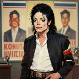 Realistic Michael jackson at a 1950's Korean comunist party propaganda , beautiful digital art, cinematic composition, detailed, concept art, Matt painting, oil painting, high res, norman rockwell artwork style,