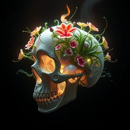 beautiful flowers and green sprouts with thorns sprout through a structured disassembled human skull. energy flows of fire and water. fantastic burning jellyfish bioluminiscent, intricate artwork by tooth wu and wlop and beeple. octane render, trending on artstation, greg rutkowski very coherent symmetrical artwork. cinematic, hyper realism, high detail, octane render, 8 k