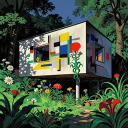 ( ( gediminas pranckevicius ) ) house by kengo kuma, art by syd mead and malevich, ery coherent, sharp, colorful high contrast, dark shadows, hard lighting, floralpunk flower green plants garden, inking etching screen print
