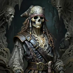 ghostly decomposing pirate, head and torso, standing in a grotto, intricate, elegant, highly detailed, digital painting, artstation, concept art, smooth, sharp focus uhd 8 k, art by artgerm and greg rutkowski and alphonse mucha ”