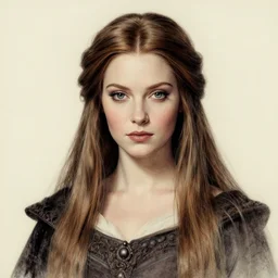 a drawing of a queen with long hairs in the style of brian fround and alan lee, cinematic lighting
