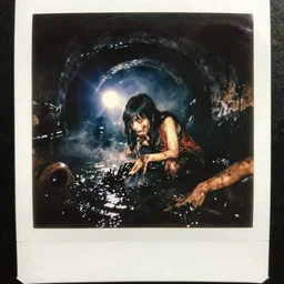 an ancient evil - girl devouring the souls of the human kind on an underground sewer with toxic waste all around and black water, 1 9 5 0 polaroid photography with flash light, grainy film, flash light, dark horror, dramatic light, volumetric light, mist