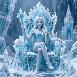 an ice princess sitting on her ice throne in her ice castle wearing a bikini, holding an ice staff, highly detailed, unreal engine 5 render, ice, frost, white beautiful hair, cold colours, digital art, illustration, concept art by jason chan and maciej kuciara