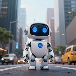 a cute robot in the middle of a busy street with skyscrapers, low angle camera, cinematic, very detailed, 4 k, depth of field