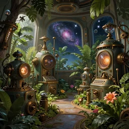 Inside a steampunk machine room with lush vegetation growing around the machines, tropical trees, large leaves, flowers, space galaxy stars planets showing thought the windows, beatifully lit, vintage science fiction illustration