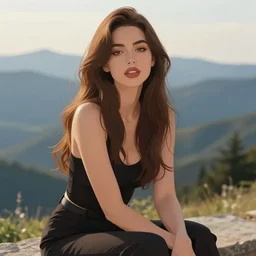sexy girl with long brown hair and luscious lips, sitting down, scenic view, mountain landscape, artstyle : high quality anime and ilya kuvshinov