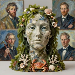 a sculpture portrait made of seaweed and coral and shells and crab, painting part by wojciech siudmak, part by ilya repin, part by max ernst, part by norman rockwell, artstation