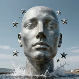 a giant sculpture of an abstractly shaped head with stars around it, in the style of chad knight, award winning, cinematic, hyper - realistic, very detailed, realistic water splashes, ray tracing, 8 k resolution, long - shot, sharp focus, low angle, 8 5 mm photograph, wide lens