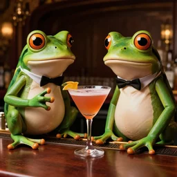 formal frog mascots drinking cocktails at a fancy bar, highly detailed, extremely high quality, hd, 4 k, 8 k, professional photographer, 4 0 mp, lifelike, top - rated, award winning, cinematic, realistic, detailed lighting, detailed shadows, sharp, no blur, edited, corrected, trending