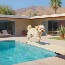 medium shot of one cream colored havanese dog jumping from a diving board at a pool at a mid century modern house in palm springs oil painting by david hockney