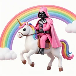 beautiful matte painting, rainbow colored pink darth vader wearing pink, riding a unicorn, riding a unicorn over a glittering rainbow in space by lisa frank and dan mumford, octane render, HDR, vivid color, volumetric lighting, unreal engine, concept art, CGsociety, trending on artstation