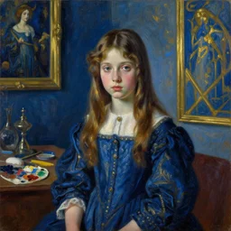 palette knife oil painting portrait of a young girl in a blue and gold haunted liminal room, film still by goya, by henri de toulouse - lautrec, by pontormo, extreme detail, liminal aesthetic, artgerm, deviant art, octane, substance, art history 8 k, art nouveau