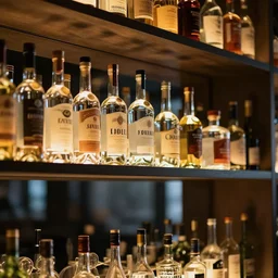 bottles of vodka on a shelf in a trendy modern bar