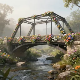 matte painting of an old mason bridge decorated with flowers alongside above a small rocky river stream, realistic, 4 k, artstation, dreamy, fog, volumetric lighting, high detail