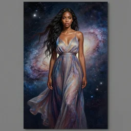 full - length portrait of a young black woman with long flowing hair, wearing a flowing sundress, standing in front of a starry galaxy, detailed face, fantasy, cinematic lighting, digital art painting, fine details by realistic shaded lighting poster by ilya kuvshinov katsuhiro otomo, magali villeneuve, artgerm, jeremy lipkin and michael garmash and rob rey