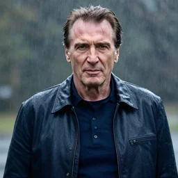 professional portrait of Liam Neeson in the rain