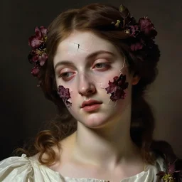 hyperrealism close - up mythological portrait of an exquisite medieval woman's shattered face partially made of vinous flowers in style of classicism, wearing white dress, dark palette