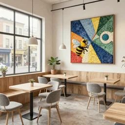 an indoor modern cafe, watercolor and wool felting style, design by beeple and kandinsky, isometric style
