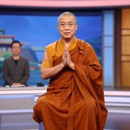 Piero Angela as a Buddhist monk preaching the dharma in the striscia la notizia TV studio