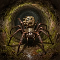 mechanical clockpunk spider in a large dimly lit wet sewer, mossy walls, round corridor, wide angle shot, ultra detailed, fine drawing, grunge, eldritch horror, hyper real, 4 k, moody lighting, warm colors, shaded