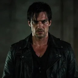 Leon Kennedy from Resident Evil as The American Psycho, sweating intensely, cinematic still