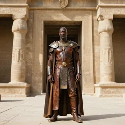photography of djimon hounsou in leather armour and robes, standing in front of an ornamented entrance of an egyptian temple
